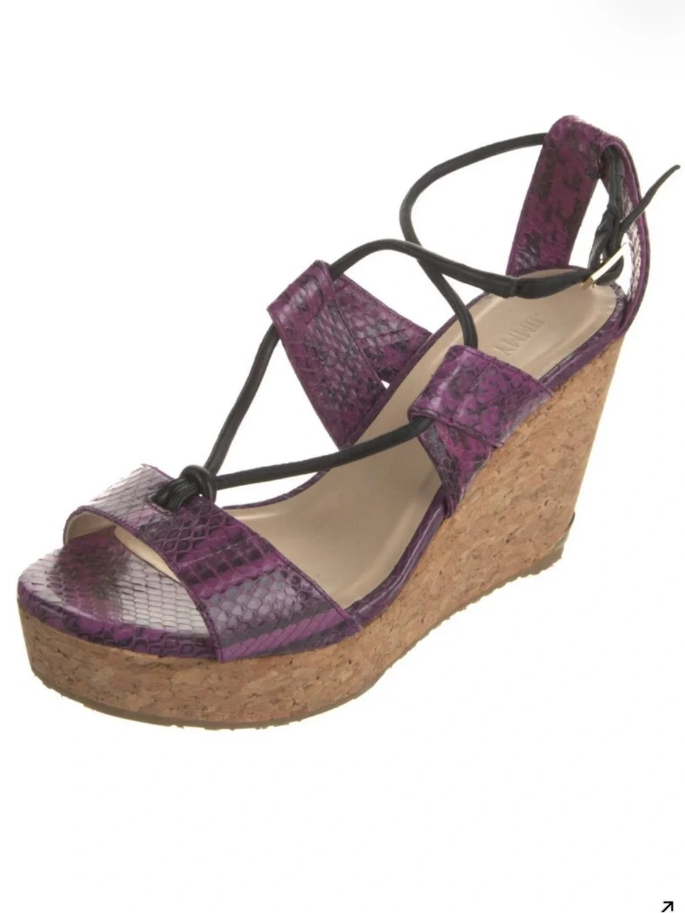 Jimmy Choo Purple Snake-Print Cork Wedge Sandals with Ankle Straps